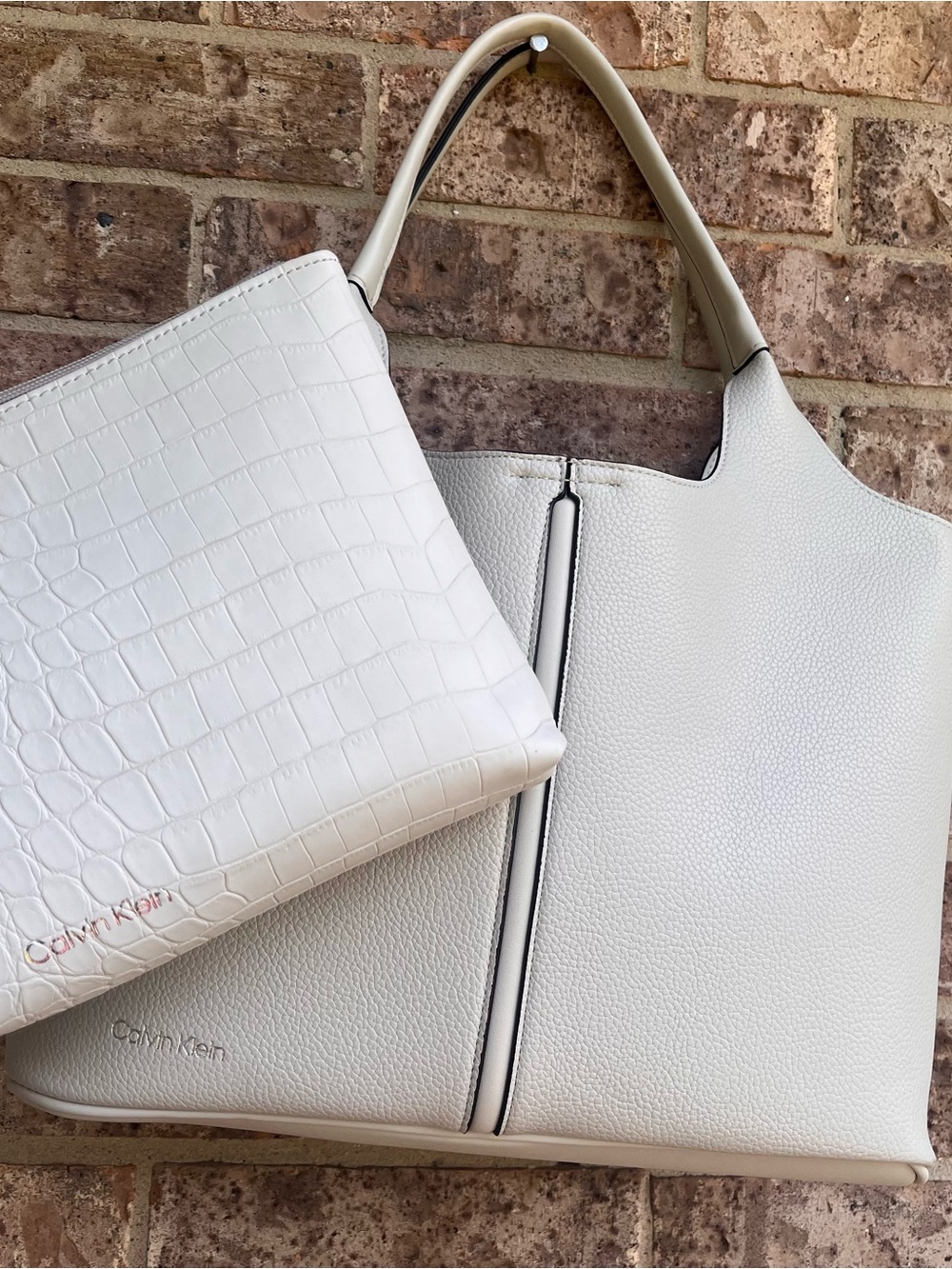 Calvin Klein Max 2-in-1 Hobo Shoulder Bag set with Croc Pouch Dove Grey Pebbled